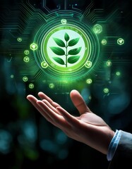 A hand reaches towards a glowing green environment icon, symbolizing the merging of technology and sustainability.