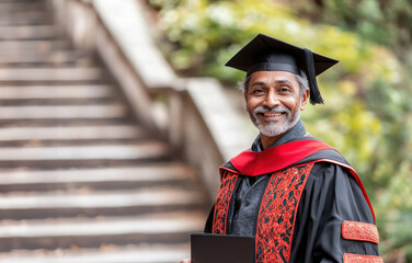 A proud young Indian man in a graduation gown celebrating his achievement outdoors