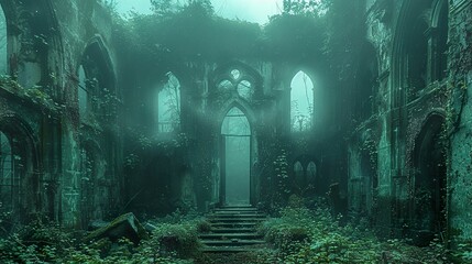 Sticker - Overgrown Ruins: A Gothic Architecture in Mist