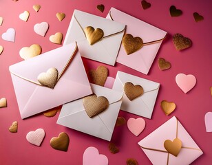 Love letters flutter down on a pink background, adorned with a golden heart stamp, signifying a heartfelt message for Valentine's Day.