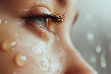 Leinwandbilder - A woman's eye glistens with water droplets, reflecting soft light and conveying deep emotion, set against a blurred background. Generative AI