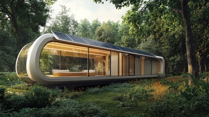 Poster - Modern, Curved Cabin with Solar Panels Nestled in a Forest