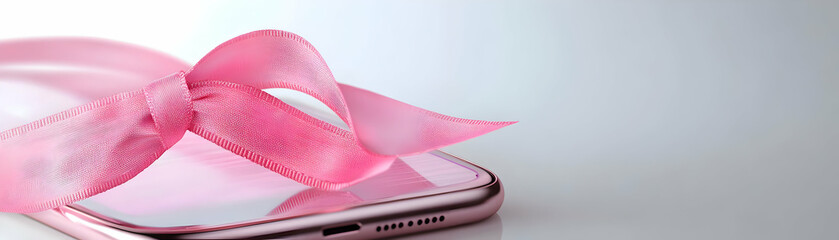 Wall Mural - Minimalist Photo Stock Concept: Glossy Pink Ribbon and Awareness Pin on Holographic Phone for Breast Cancer Awareness Month with Copy Space