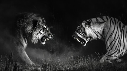 Sticker - Two Roaring White Tigers Facing Each Other in Black and White