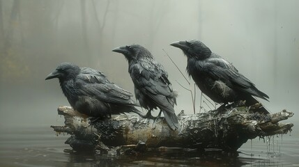 Poster - Three Ravens Perched on a Log in Foggy Water