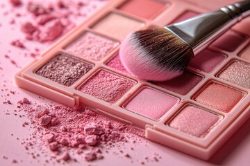 Pastel makeup palette with pink eyeshadows, blush, and a soft brush