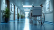 © Aliaksandra - Empty wheelchair in a bright hospital corridor with soft lighting and potted plants. Healthcare, mobility, accessibility