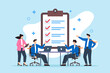 © VZ_Art - Flat illustration of business people meeting with agenda checklist discussing strategy and teamwork planning