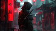 © Mas - Cyberpunk style shadow ninja with a sword on his back Stunning background AI generated image