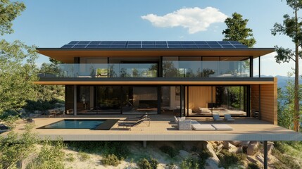 Sticker - Modern House with Solar Panels, Swimming Pool, and Patio Overlooking a Mountain Landscape