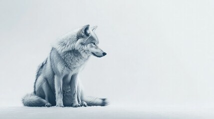 A lone wolf sitting calmly with its tail curled around its paws, isolated on a white background, evoking mystery and solitude.