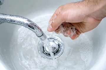 Clogged Drain Repair: Plumber Clearing Contaminated Sink with Hand Tool