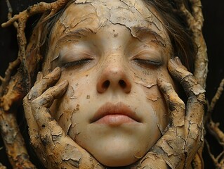 Poster - Woman Transformed into Tree Bark: A Surreal Portrait