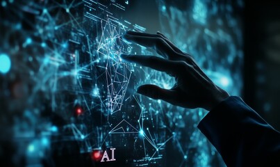 A hand interacts with a blue AI interface.