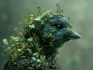 Poster - Green Bird with Lush Foliage: A Nature Portrait