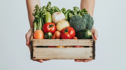 organic vegetable crate held by woman s hands against white background