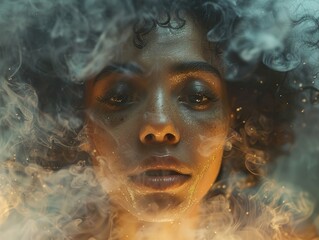 Wall Mural - Close-Up Portrait of a Woman with Smoke and Glitter