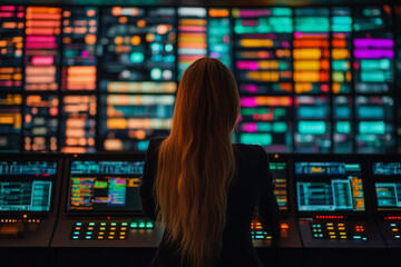 Wall Mural - a female it professional with their back to the viewer observing the large amount of computer monito