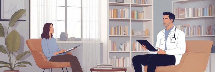 Aufkleber - A doctor explains the diagnosis to a patient in a well-lit consultation room filled with bookshelves. Generative AI