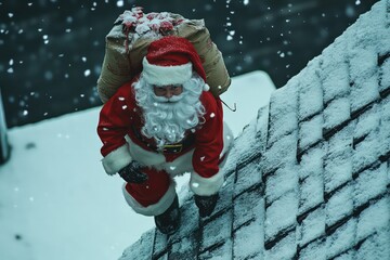 Santa Claus carrying a bag of presents up a snowy rooftop.