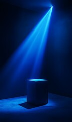 Wall Mural - 2. an atmospheric scene featuring a dimly lit studio with deep shadows, where a blue neon searchligh