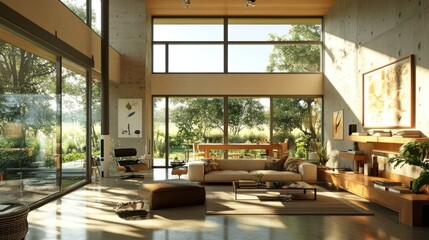 Poster - Modern Living Room with Large Windows and Natural Light