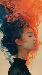 Sticker - Abstract Portrait of a Woman with Flowing Orange and Blue Paint