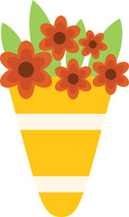 Poster - Beautiful bouquet of red flowers with green leaves is sitting in a yellow pot with white stripes