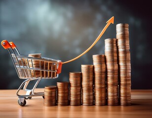 The rising line of inflation is symbolized by stacks of coins and a shopping cart, demonstrating the challenges of a growing global economic factor