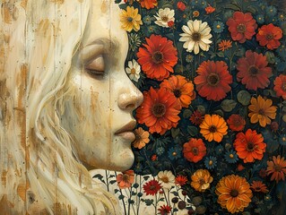 Wall Mural - Woman in a Field of Flowers: A Dreamlike Portrait