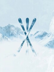 Poster - Crossed skis stand out in a beautiful winter landscape, surrounded by snowy mountains and a soft, serene atmosphere. Generative AI