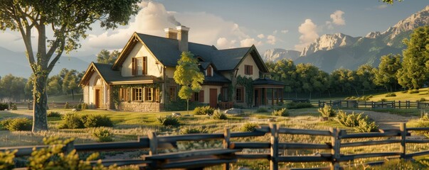 Traditional country home set against a backdrop of rolling hills, 4K hyperrealistic photo