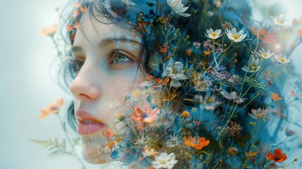 Poster - Dreamy Portrait of a Woman Surrounded by Flowers