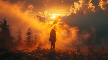 Canvas Print - Silhouette of a Person Standing in a Foggy Sunset Landscape