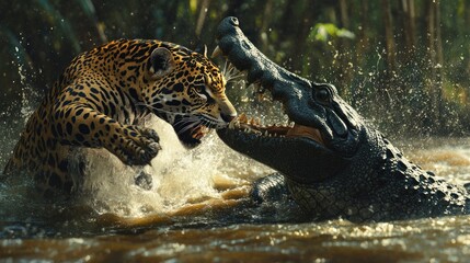 Sticker - Jaguar Confronting a Crocodile in the River