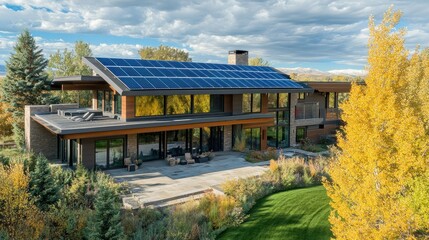 Canvas Print - Modern Home with Solar Panels and Autumn Foliage