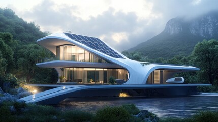 Sticker - Futuristic Modern Home with Solar Panels Overlooking a Lake