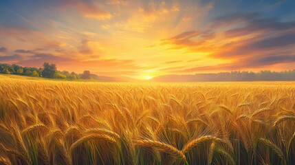 Poster - Golden Wheat Field at Sunset with a Distant Forest and a Cloudy Sky