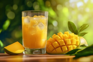 Fresh mango juice with beautiful chopped pulp flesh on bright wooden table background. Tropical fruit drink design concept. Close up, copy space.