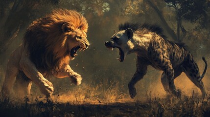 Wall Mural - A Lion and a Hyena Confronting Each Other in a Forest Clearing