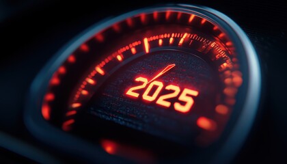 Close-up of a speedometer displaying a red arrow pointing to 2025 during a nighttime drive