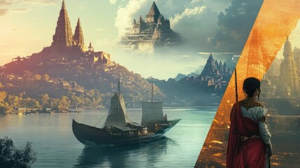 Poster - A Fantasy Landscape with a Sailing Vessel and a Woman in Red Robes