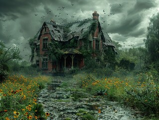 Canvas Print - Overgrown Abandoned House in a Stormy Landscape