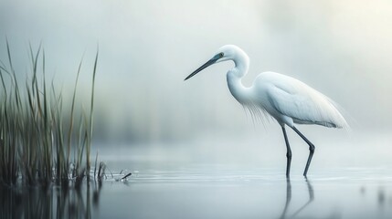 Sticker - A Snowy Egret Stands in Shallow Water