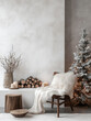 © eshana_blue - Minimalist interior decorated for christmas with a frosted tree and sheepskin throw on a chair