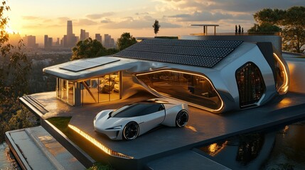 Wall Mural - Futuristic Modern Home with White Sports Car and Cityscape View at Sunset