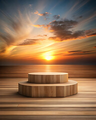 Sticker - Sunset Wooden Podium: A serene sunset over a calm sea provides the backdrop for a two-tiered wooden podium, perfect for showcasing products or designs.