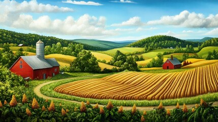 Poster - Rural Landscape with Red Barns, Rolling Hills, and a Winding Path