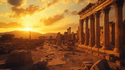 Canvas Print - Ancient Roman Ruins at Sunset with a Golden Sky