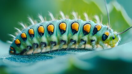 Wall Mural - A close-up of a green caterpillar with yellow and black spots on a green leaf.